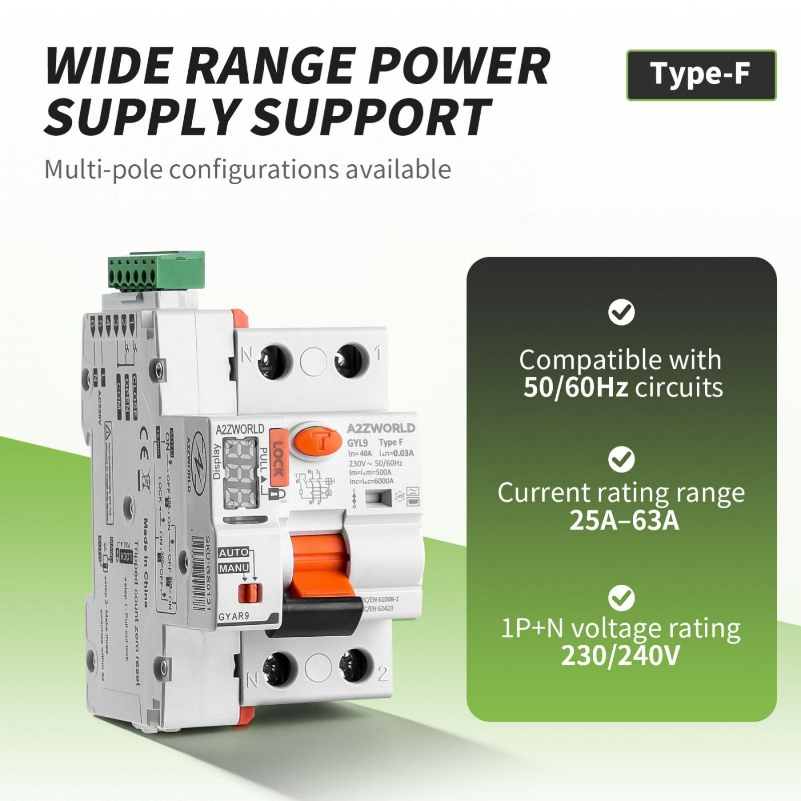 RCCB Interruttore Differenziale Riarmo Automatico Tipo F 1P+N 3M 6000A 30mA 16A AC 230V IP20 IEC61008-1 GYL9