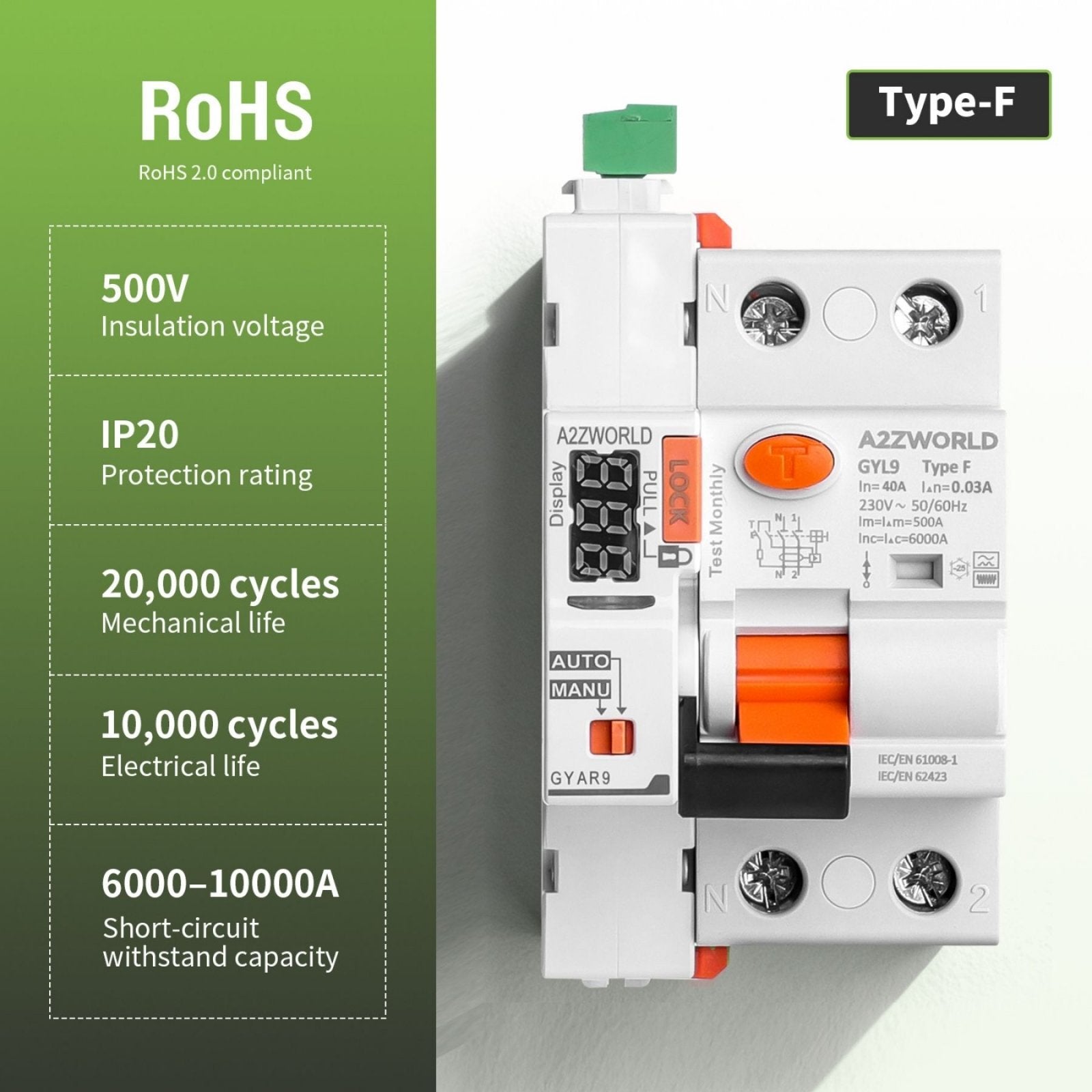 RCCB Interruttore Differenziale Riarmo Automatico Tipo F 1P+N 3M 6000A 30mA 16A AC 230V IP20 IEC61008-1 GYL9