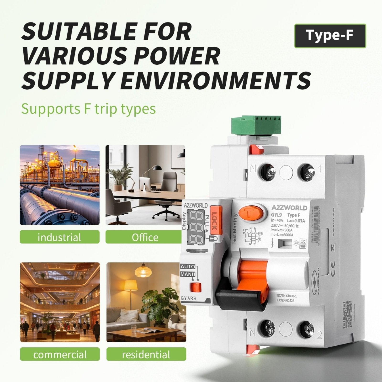 RCCB Interruttore Differenziale Riarmo Automatico Tipo F 1P+N 3M 6000A 300mA 32A AC 230V IP20 IEC61008-1 GYL9