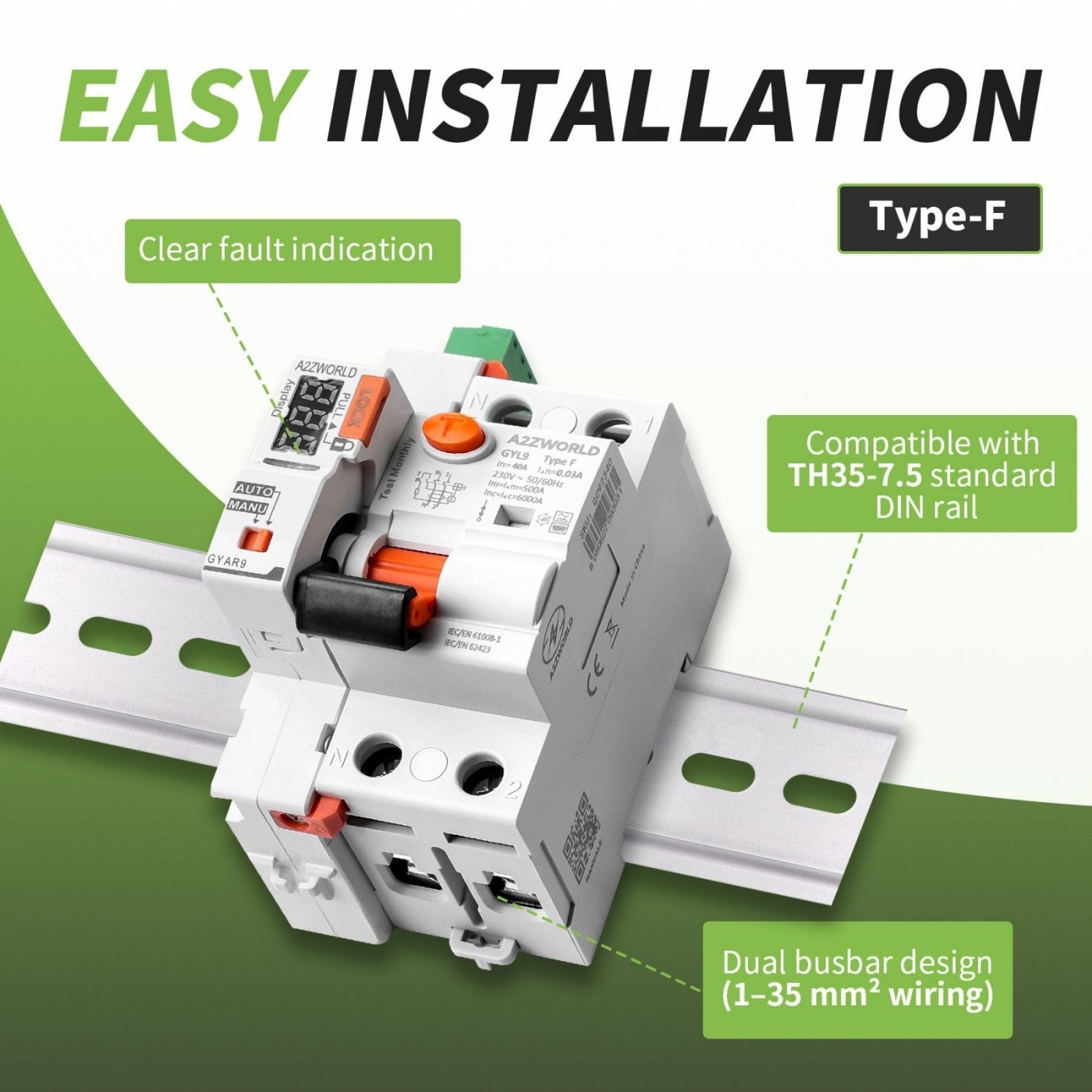 RCCB Interruttore Differenziale Riarmo Automatico Tipo F 1P+N 3M 6000A 300mA 32A AC 230V IP20 IEC61008-1 GYL9