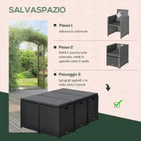 Set 11 PZ Mobili da Giardino in Rattan da Esterno con Tavolo in Vetro Temperato e Cuscini, Set da Pranzo, Nero