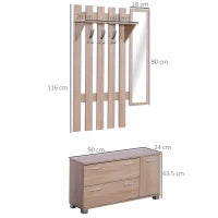Set Arredo Guardaroba 3 in 1 con Specchio e Scarpiera da Ingresso Pannello Truciolare 90 x 21.5 x 116cm Quercia