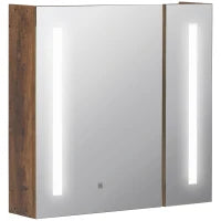 kleankin Specchiera Bagno con Luci LED Regolabili, 2 Ante e Mensola Regolabile, 70x15x65cm, Marrone