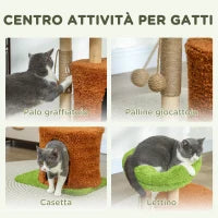 Albero Tiragraffi per Gatti con Casetta, Lettino e Pallina Giocattolo, in Legno e Peluche, 44x33x61 cm, Verde