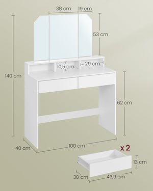 Tavolo da trucco con specchio pieghevole con 2 cassetti e 3 vani portaoggetti stile moderno bianco 12_0005166