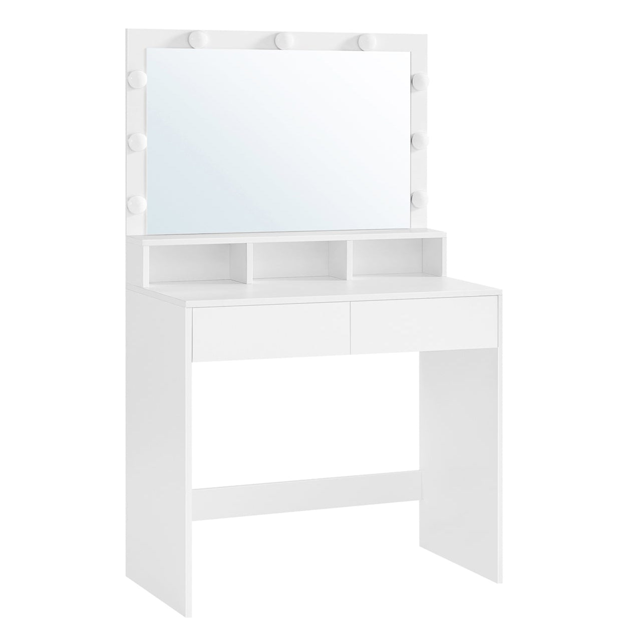 Tavolo da trucco con specchio con 9 lampadine LED luminosità regolabile 2 cassetti e 3 vani portaoggetti stile moderno bianco 12_0005169