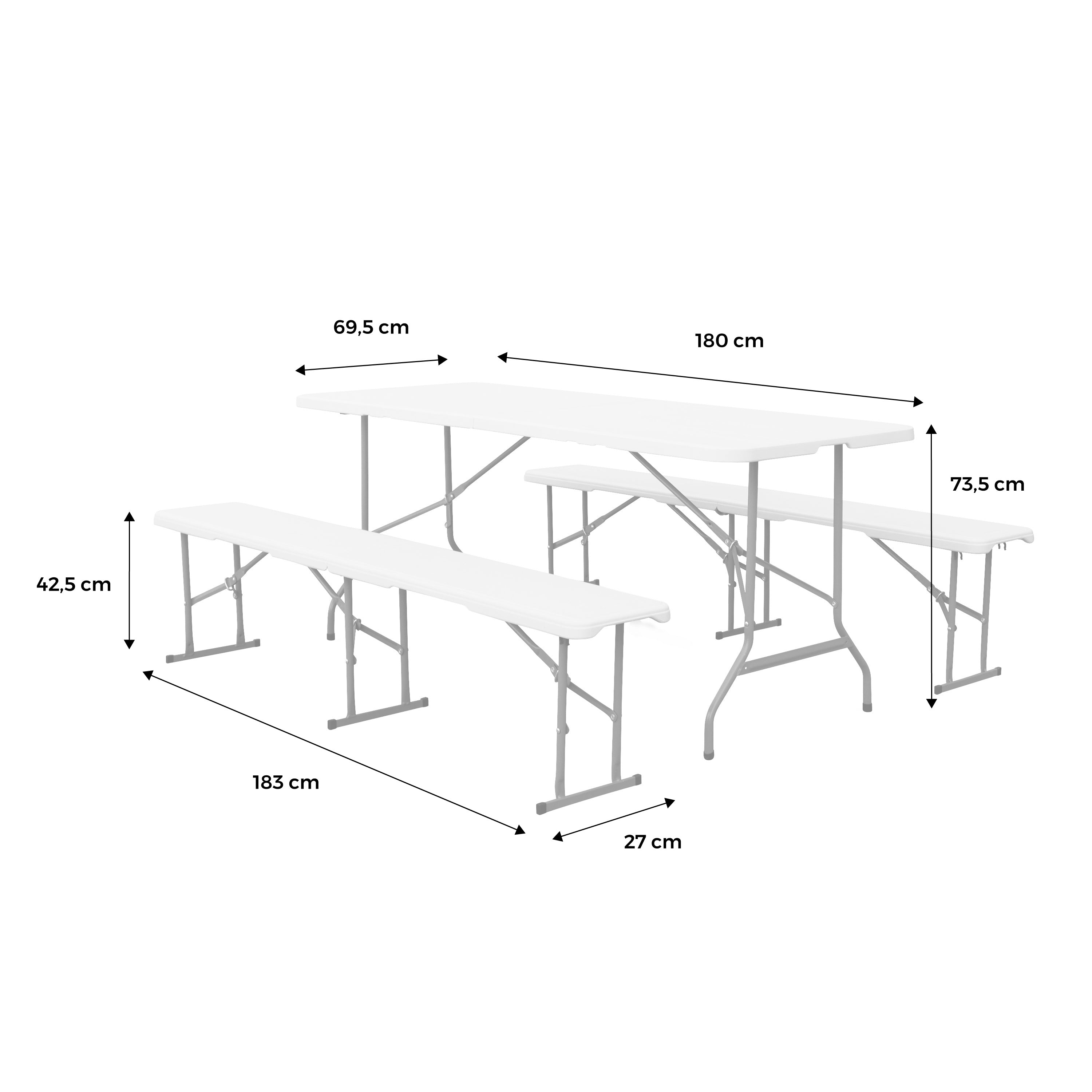 Tavolo da ricevimento pieghevole in plastica + 2 panche, bianco