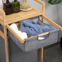 Cesto Portabiancheria con 2 Scomparti e Ruote, Sacchi in Tessuto e Struttura in Bambù, 42x35x84.5cm