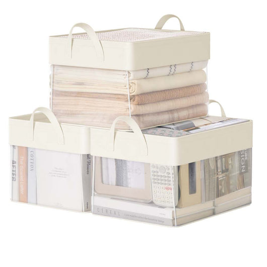 Set di 3 contenitori portaoggetti pieghevoli in tessuto piccoli trasparenti in nylon 30 x 20 x 15 cm con manici per bagno e cucina colore crema 12_0004474