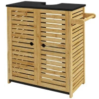 Mobile Sottolavabo Bagno con 2 Ante a Doghe, Porta Asciugamani e Intaglio a U, Legno e Nero