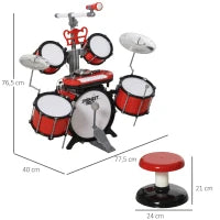 Set Batteria per Bambini con Strumenti Musicali, Batteria Jazz con 5 Tamburi e Sgabello, Giocattolo Musicale Educativo per Bambini, Effetti Sonori e Microfono Giocattolo, 77.5x40x76.5cm, Rosso