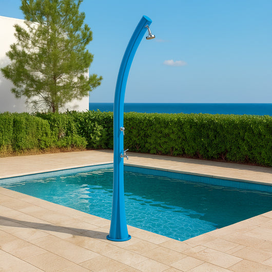 Doccia Esterna Blu in Polietilene HD con Riscaldamento Solare Altezza 226 cm Serbatoio da 25 Litri e Lavapiedi Ideale per Giardino e Piscina - STARMATRIX RIO BLUE