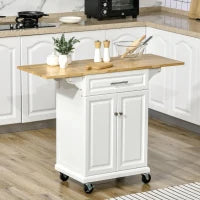 Carrello da Cucina Espandibile in Legno Bianco Cassetto, Armadietto, Portasciugamani e 4 Ruote 119.6x45.7x91.2cm
