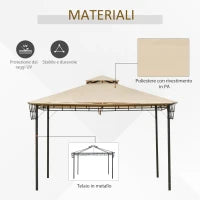 Gazebo Pergola da Esterno 3.3x3.3m con Doppio Tettuccio e Telo Estraibile, Marrone Chiaro