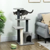 Albero per Gatti Multilivello Alto 103 cm con Pali Tiragraffi in Sisal, Casetta e Pallina in Peluche, Grigio