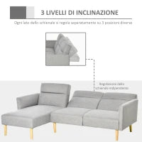 Divano Letto 3 Posti, Divano Angolare in Tessuto Grigio con Schienale Regolabile, Stile Scandinavo, 207x146x80cm