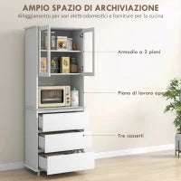 Credenza Cucina Alta con Armadietto a 2 Livelli e 3 Cassetti, Dispensa in MDF, 68x38x172 cm, Bianco|Aosom Italy