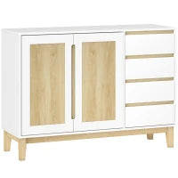 Credenza con 2 porte e 4 cassetti, con scaffale regolabile, 120 x 40 x 86 cm, Bianco e rovere