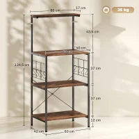 Ripiano da Cucina a 4 livelli, con Piano di Lavoro e 8 Ganci, Marrone e Nero
