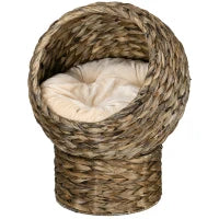 Pawhut Cuccia per Gatti Rialzata con Cuscino, Casetta Naturale con Foglie di Banana, Beige e Marrone, 40x37x51cm