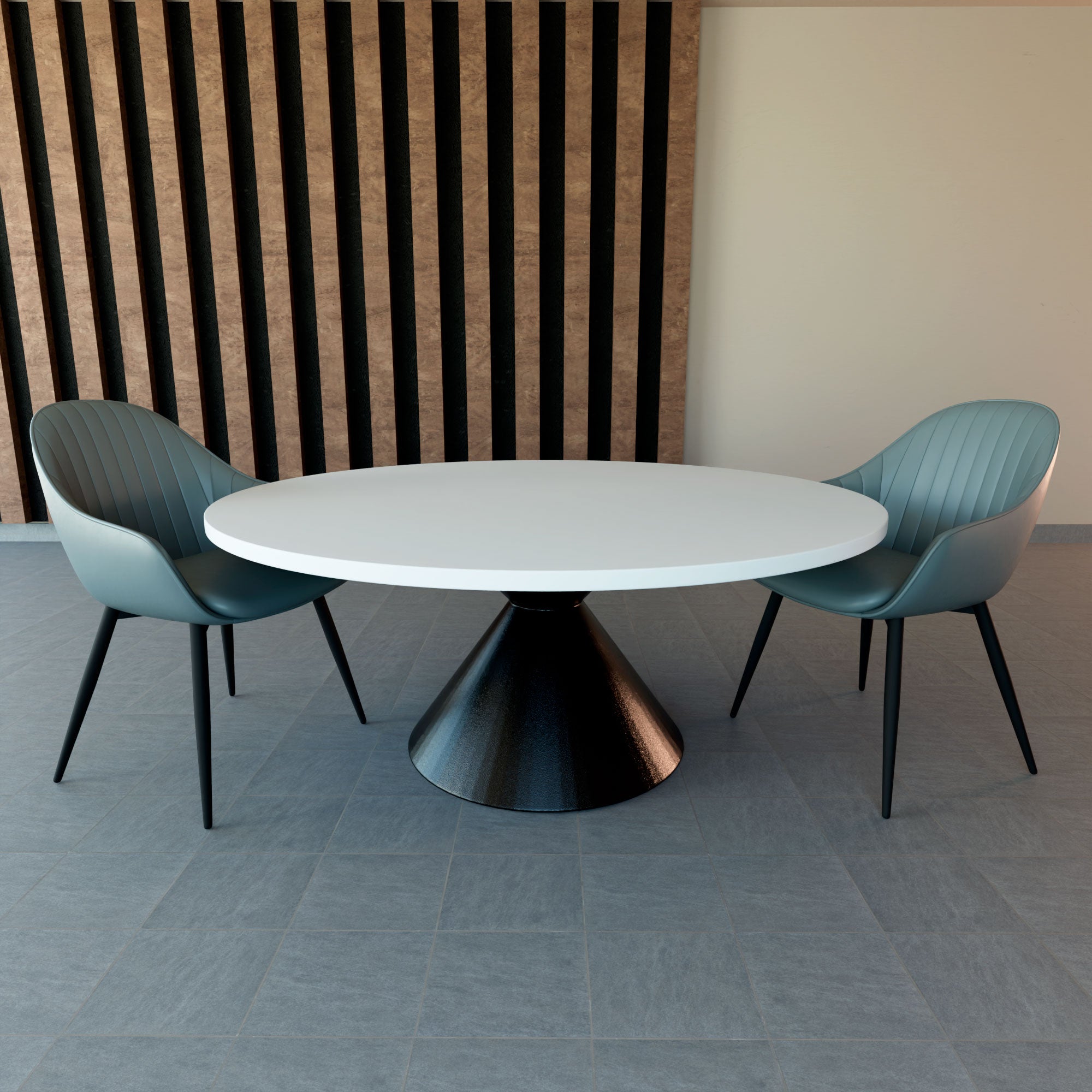 Graal Black - Tavolo Rotondo Ø120 cm Base a Doppio Cono Nero in Metallo e Top in Legno Laminato Bianco