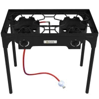 Fornello con 2 Bruciatori a Gas Propano Portatile 150.000 BTU/h con 2 Piedi Rimovibili per Esterno, Campeggio, Metallo Fuso, Nero