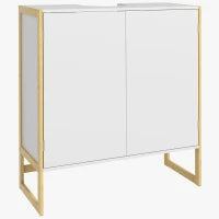 Mobile Sottolavabo Bagno con 2 Ante a Pressione in Bambù e MDF con Intaglio a U, 70x33x79.5cm, Bianco