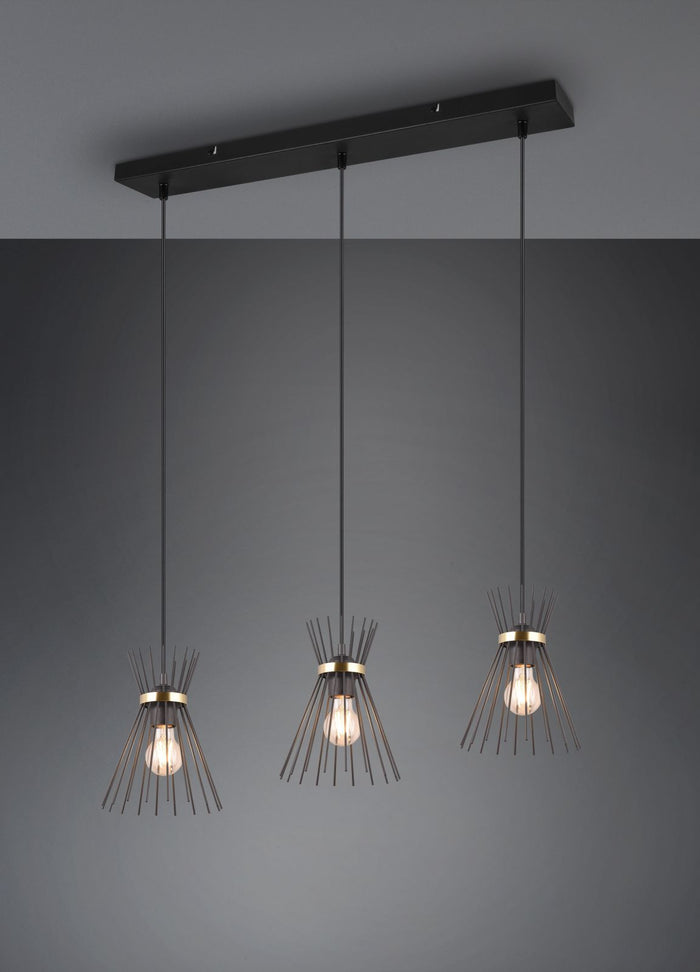 ROD SOSPENSIONE 3 DIFFUSORI BACCHETTE DI METALLO NERO E ORO L. 82CM 3 LUCI ATTACCO E27