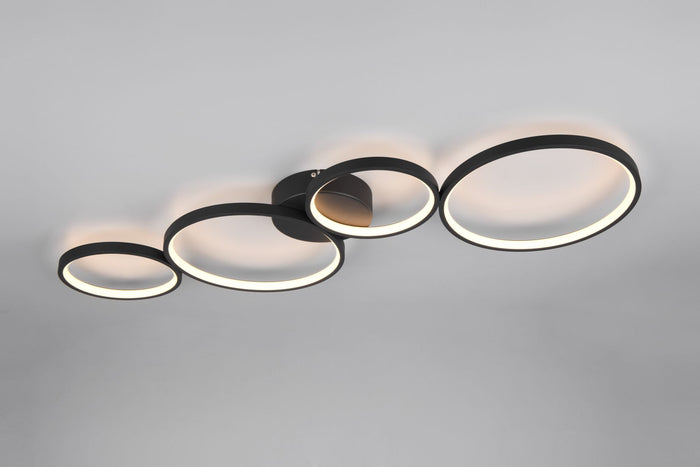RONDO PLAFONIERA LED 37W 4800lm, 3000K 4 CERCHI METALLO NERO OPACO DIMMERABILE CON INTERRUTTORE A PARETE L. 97CM