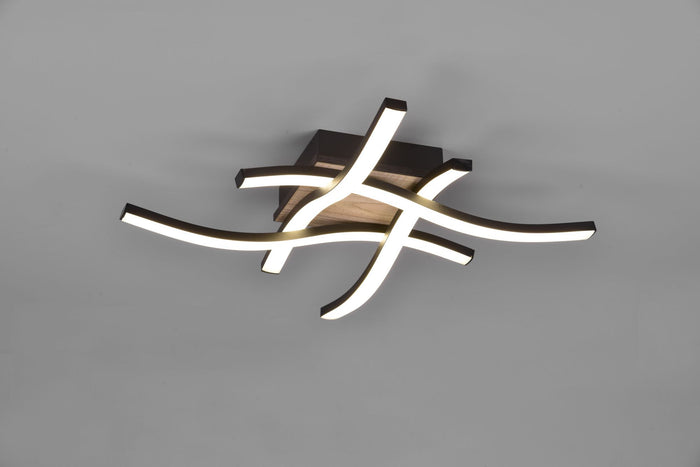 ROUTE PLAFONIERA LED 20W 2000lm, 3000K 4 BACCHETTE ONDULATE ANTRACITE CON EFFETTO LEGNO 46CMX46CM