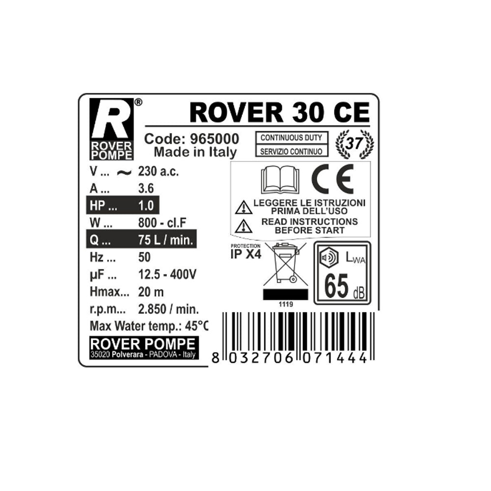 POMPA ELETTRICA DA TRAVASO 230V 50Hz 75L/MIN ELETTROPOMPA ACQUA VINO ROVER30