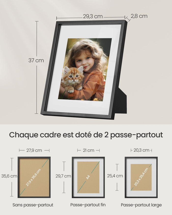 Set di 3 cornici per foto 28 x 36 cm 20 x 25 cm A4 con sfondo galleria fotografica mdf 37 x 293 cm nero 12_0004753