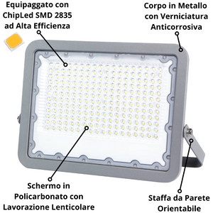 Proiettore led 150 watt slim metallo grigio ip65 equivalente 777 watt temperatura 4500k bianco naturale