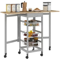 Carrello da Cucina con 3 Cestini, Cassetto e 2 Ribalte, in Legno e Metallo, 37x37x77.5 cm, Grigio e Rovere
