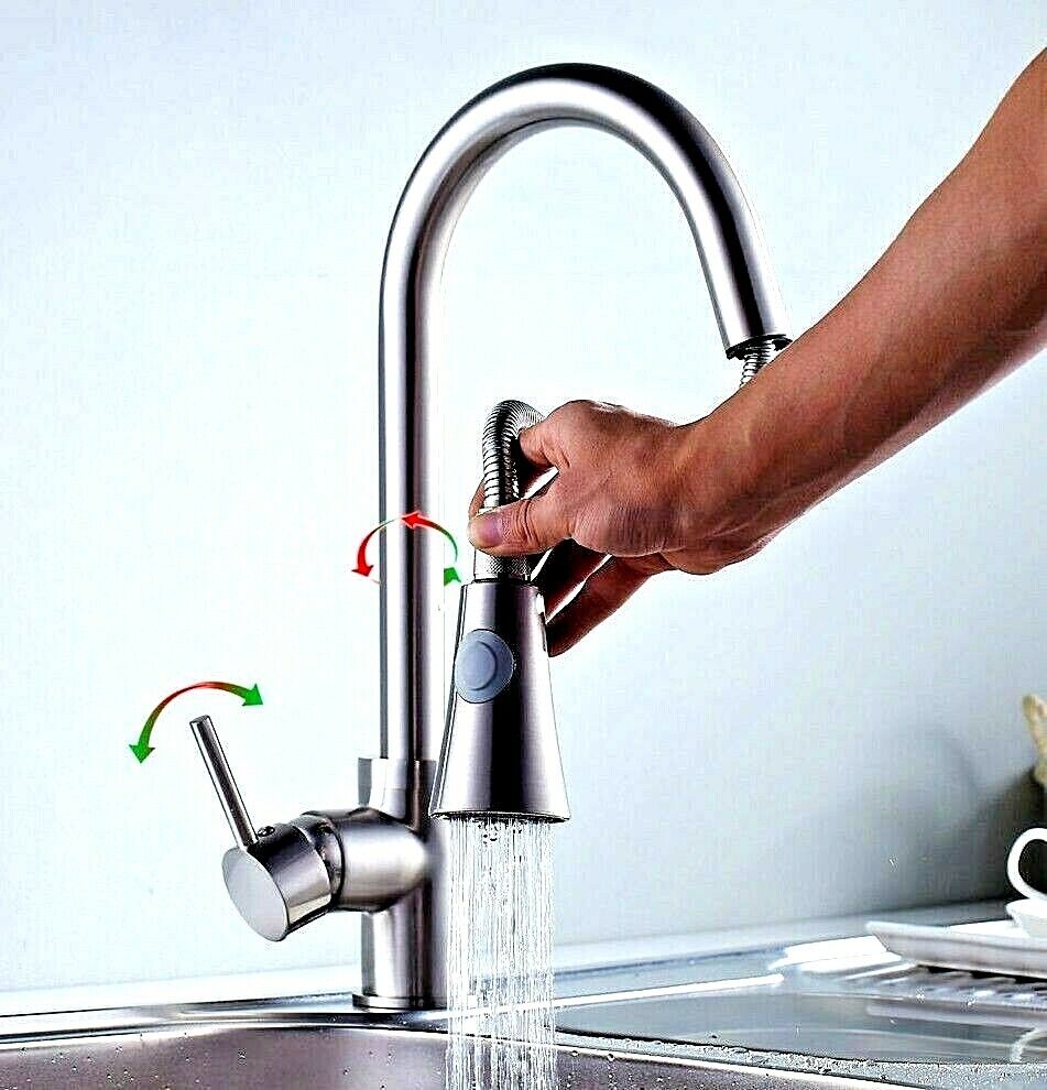 RUBINETTO MISCELATORE LAVELLO ISOLA CUCINA DOCCETTA DOCCIA ESTRAIBILE SATINATO