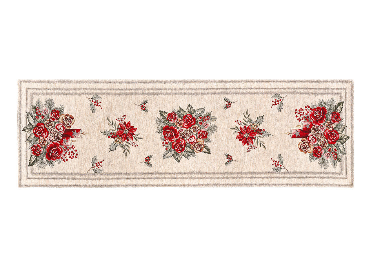 Tovaglia Centrino Runner Tavolo Fantasie Natalizie Centrotavola Cinigliato Made Italy - 40x130 - Bouquet Candela