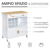 Mobiletto da Cucina con Ruote, Portabottiglie e Porta Bicchieri in Bambù, 76 x 40 x 88cm
