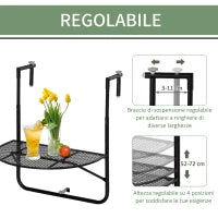 Tavolo da Ringhiera Pieghevole e Regolabile in Metallo, 60x60x57-72cm, Nero