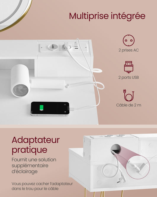 Tavolo da toeletta con specchio girevole e sgabello tavolo da toeletta con specchio con illuminazione e ciabatta sgabello imbottito per camera da letto tavolo da toeletta 40 x 80 x 1348 cm bianco 12_0005164