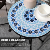 Tavolino da Giardino Rotondo in Metallo con Piano in Ceramica, Design a Mosaico, Ф35.5x53.5cm, Blu