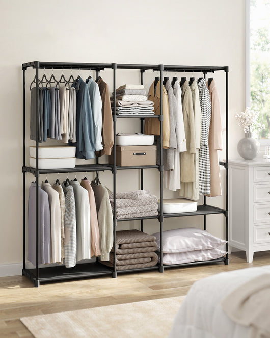 Armadio per camera da letto appendiabiti 43 x 138 x 182 cm 3 scomparti appendiabiti con ripiani grande capacità per camera da letto per adulti bambini soggiorno spogliatoio nero 12_0003978