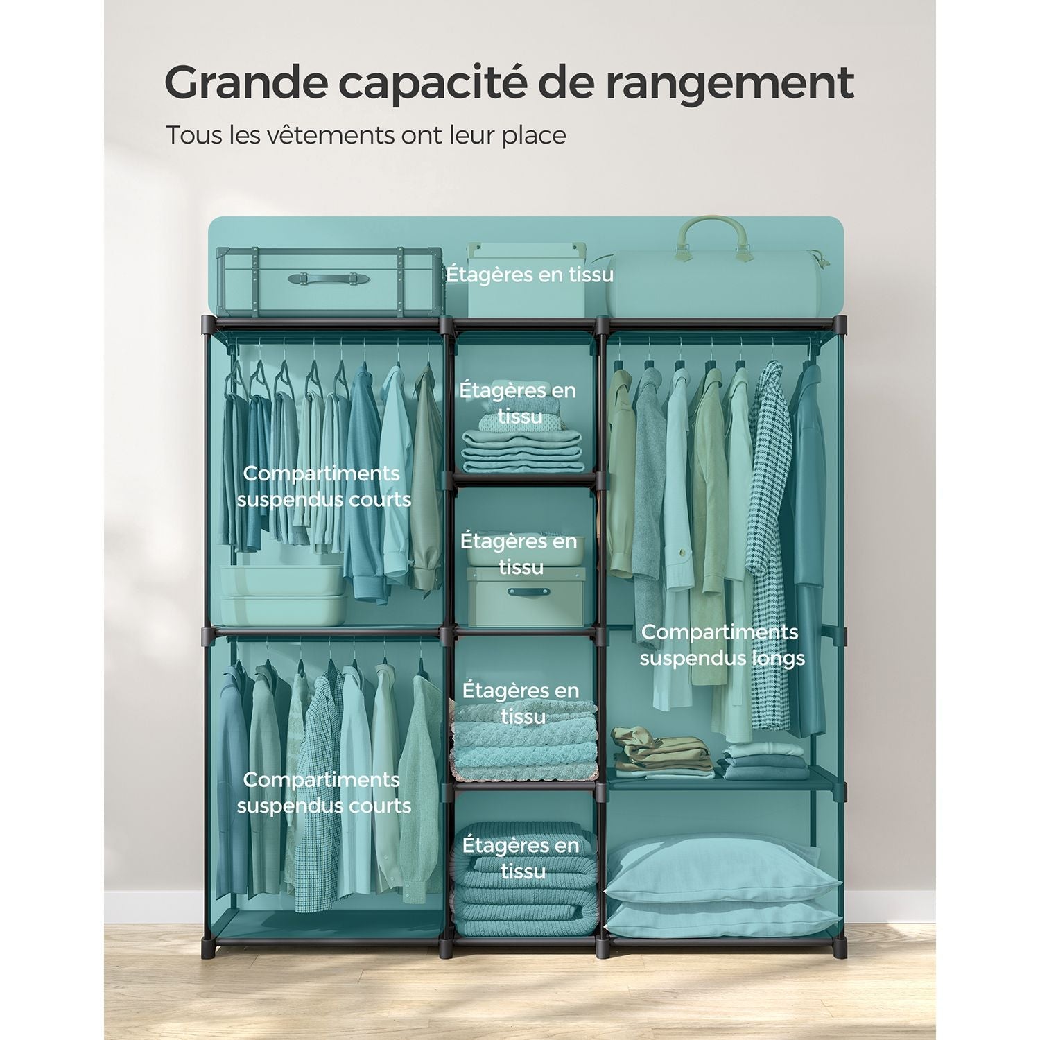 Armadio per camera da letto appendiabiti 43 x 138 x 182 cm 3 scomparti appendiabiti con ripiani grande capacità per camera da letto per adulti bambini soggiorno spogliatoio nero 12_0003978