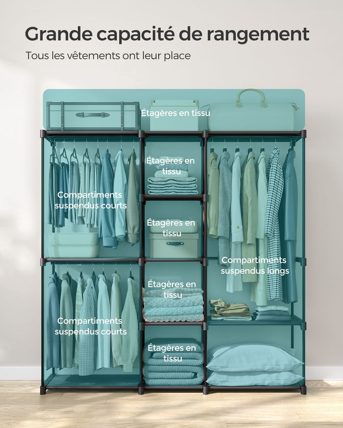 Armadio per camera da letto appendiabiti 43 x 138 x 182 cm 3 scomparti appendiabiti con ripiani grande capacità per camera da letto per adulti bambini soggiorno spogliatoio nero 12_0003978