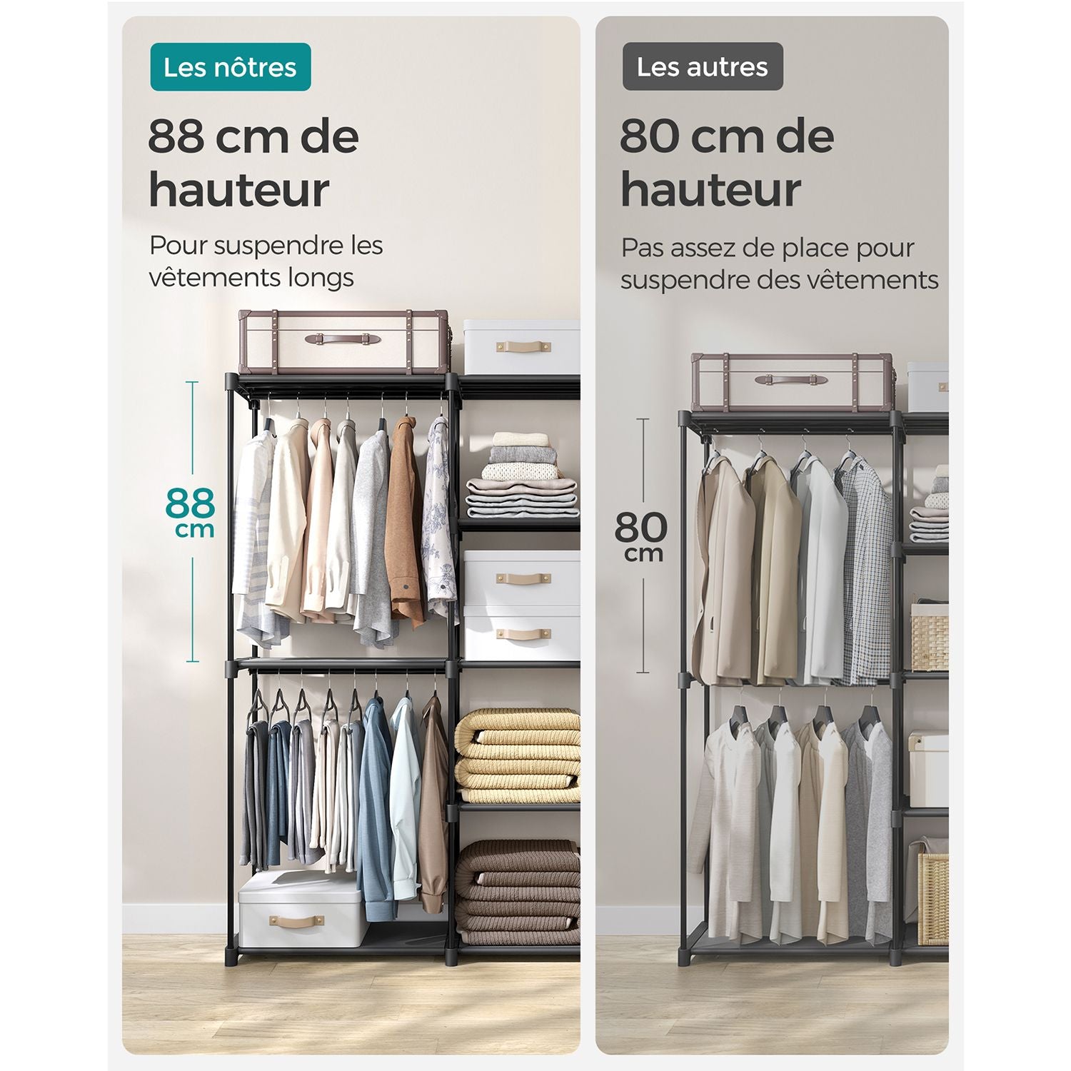 Armadio per camera da letto appendiabiti 43 x 138 x 182 cm 3 scomparti appendiabiti con ripiani grande capacità per camera da letto per adulti bambini soggiorno spogliatoio nero 12_0003978