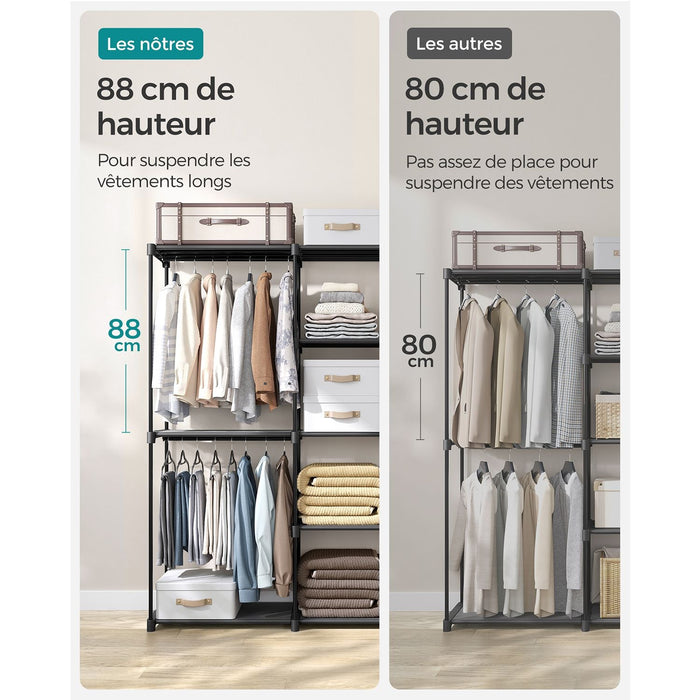 Armadio per camera da letto appendiabiti 43 x 138 x 182 cm 3 scomparti appendiabiti con ripiani grande capacità per camera da letto per adulti bambini soggiorno spogliatoio nero 12_0003978