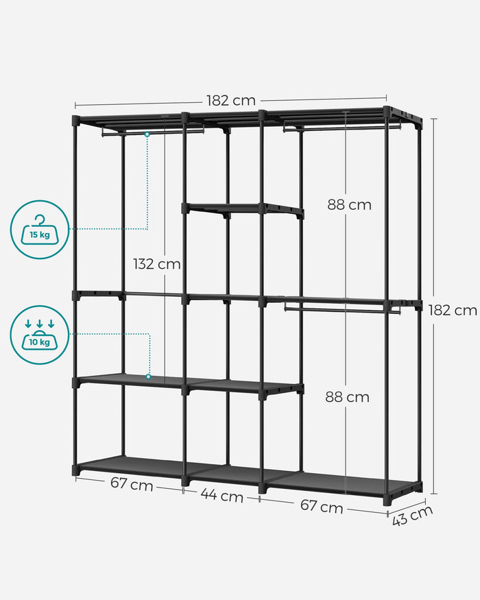Armadio per camera da letto appendiabiti 43 x 138 x 182 cm 3 scomparti appendiabiti con ripiani grande capacità per camera da letto per adulti bambini soggiorno spogliatoio nero 12_0003978