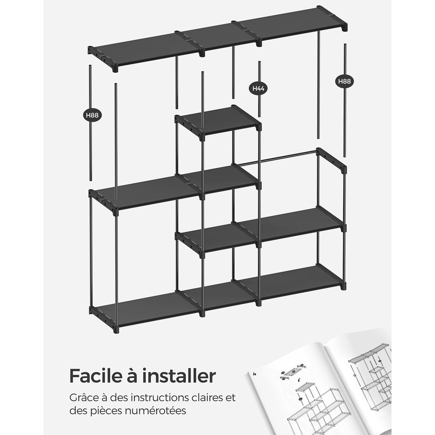 Armadio per camera da letto appendiabiti 43 x 138 x 182 cm 3 scomparti appendiabiti con ripiani grande capacità per camera da letto per adulti bambini soggiorno spogliatoio nero 12_0003978