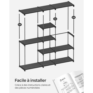 Armadio per camera da letto appendiabiti 43 x 138 x 182 cm 3 scomparti appendiabiti con ripiani grande capacità per camera da letto per adulti bambini soggiorno spogliatoio nero 12_0003978