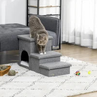 Scaletta per Cani e Gatti 10kg max a 3 Gradini con Casetta per Cani e Spazio Portaoggetti, 73.5x33x40.5 cm, Grigio