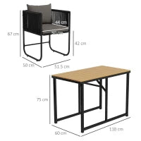 Set da Giardino 3 Pezzi in Rattan con 2 Sedie 50x51.5x67 cm e Tavolo 110x60x75 cm in Legno Composito